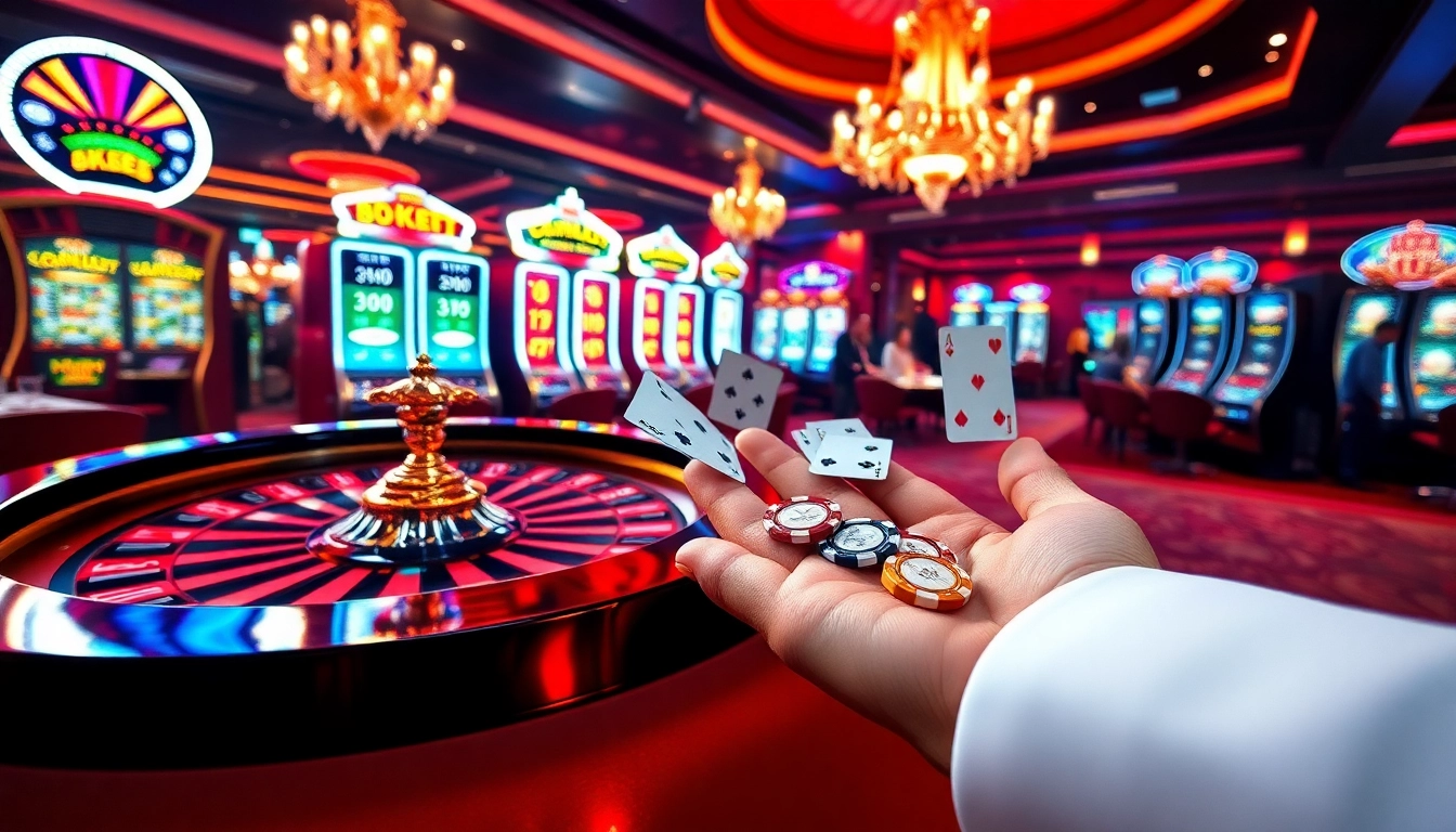 8KBET casino excitement with players placing bets at a luxurious roulette table and vibrant slot machines.