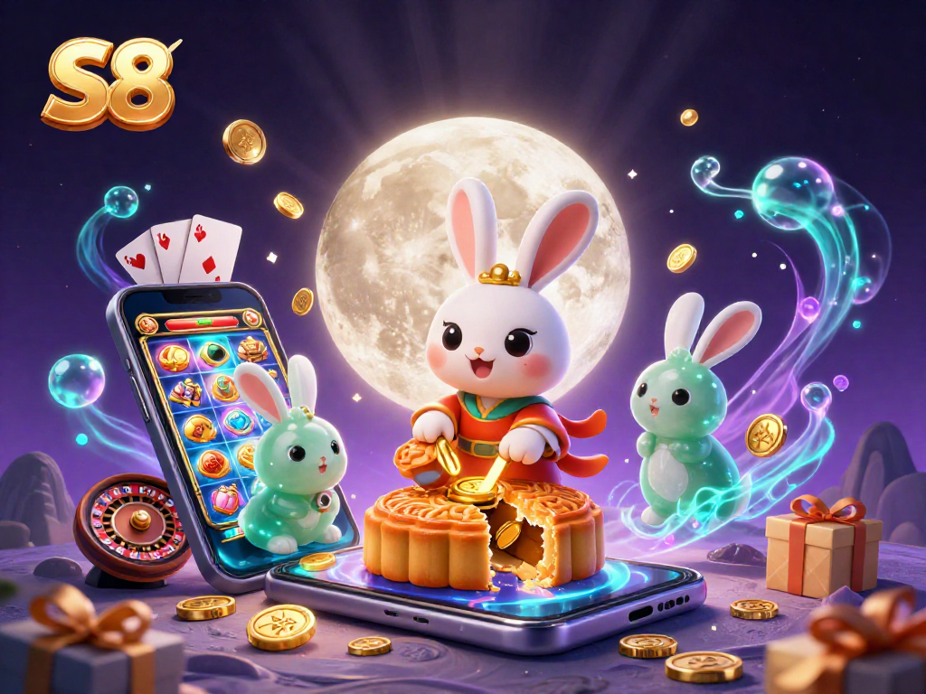 Spin and win with S8 in this vibrant moonlit casino illustration featuring slots and poker!