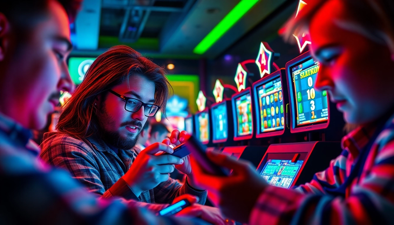 Situs toto online gaming scene featuring excited players on colorful slot game screens.