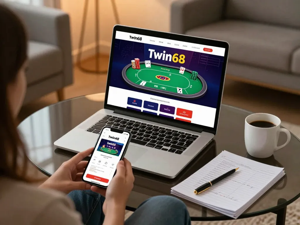 Player engaging in twiin68 online casino on a stylish laptop, showcasing a vibrant poker game