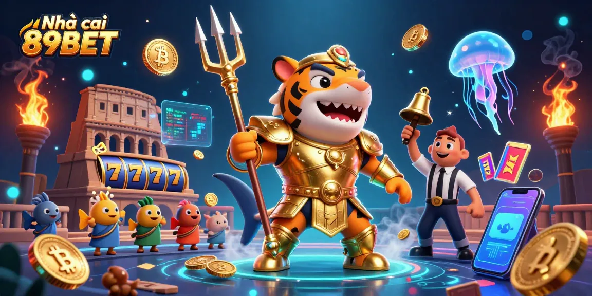 Play exciting games at Nhà cái 89BET, featuring a vibrant underwater colosseum with animated elements.