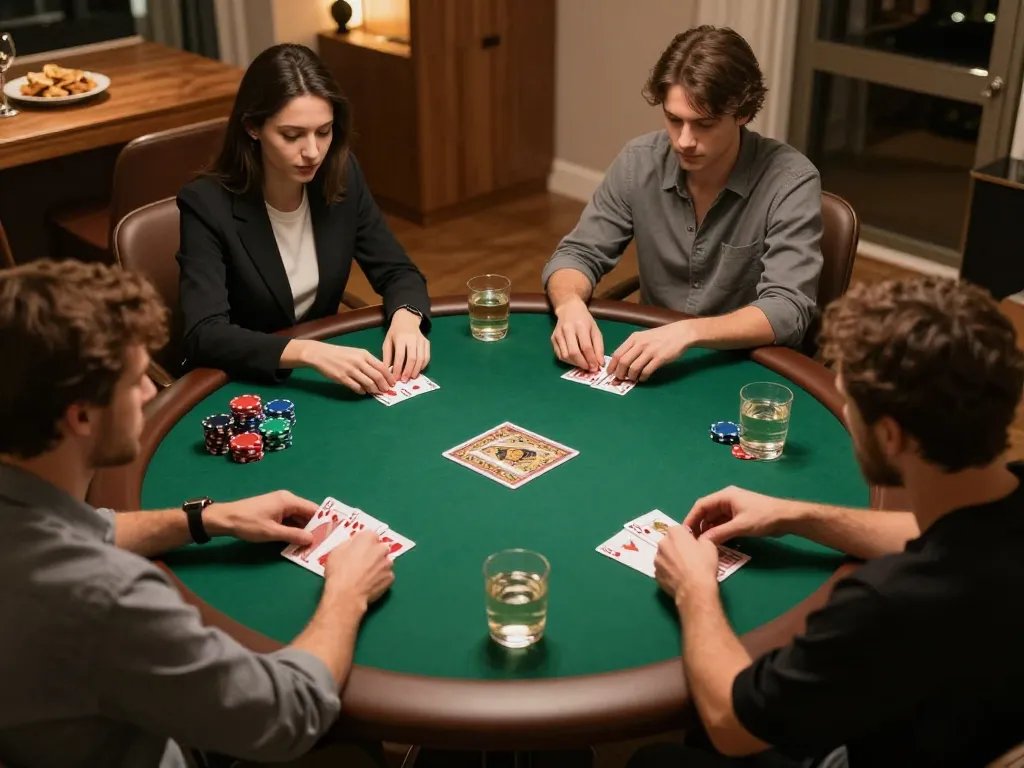 Players strategizing in a home poker game with vk88 cards on the table, creating an engaging atmosphere.