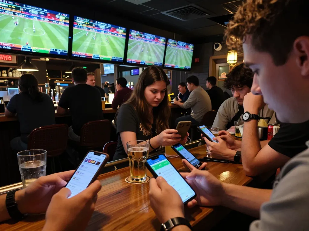 Exciting sports betting scene with bettors using the good88 app at a lively bar.