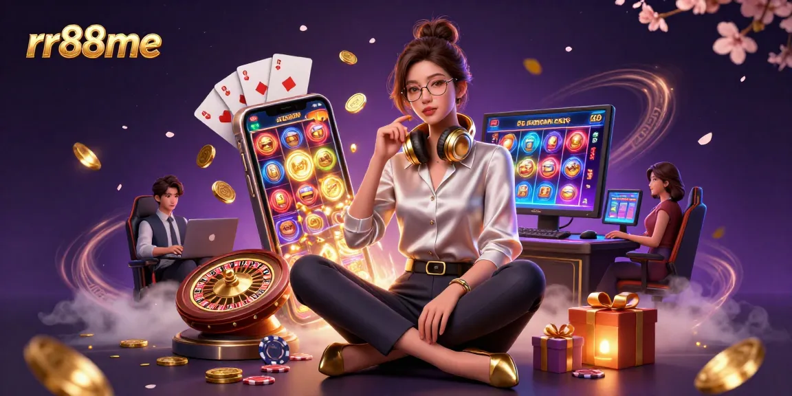 Experience thrilling gaming with rr88me in a vibrant 3D casino setup featuring slot games and dynamic elements.