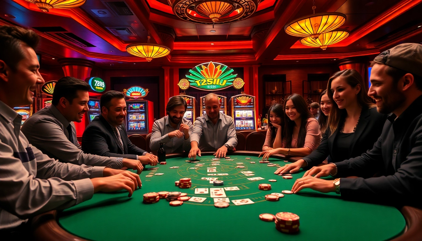 Players enjoying a thrilling poker game at 789club casino table with vibrant atmosphere.