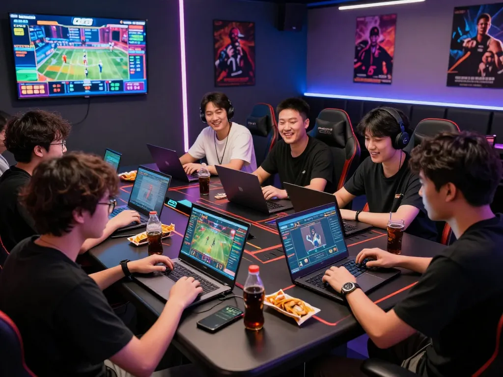 Players immersed in the QE8 online gaming experience, showcasing tech-savvy betting in an energetic environment.
