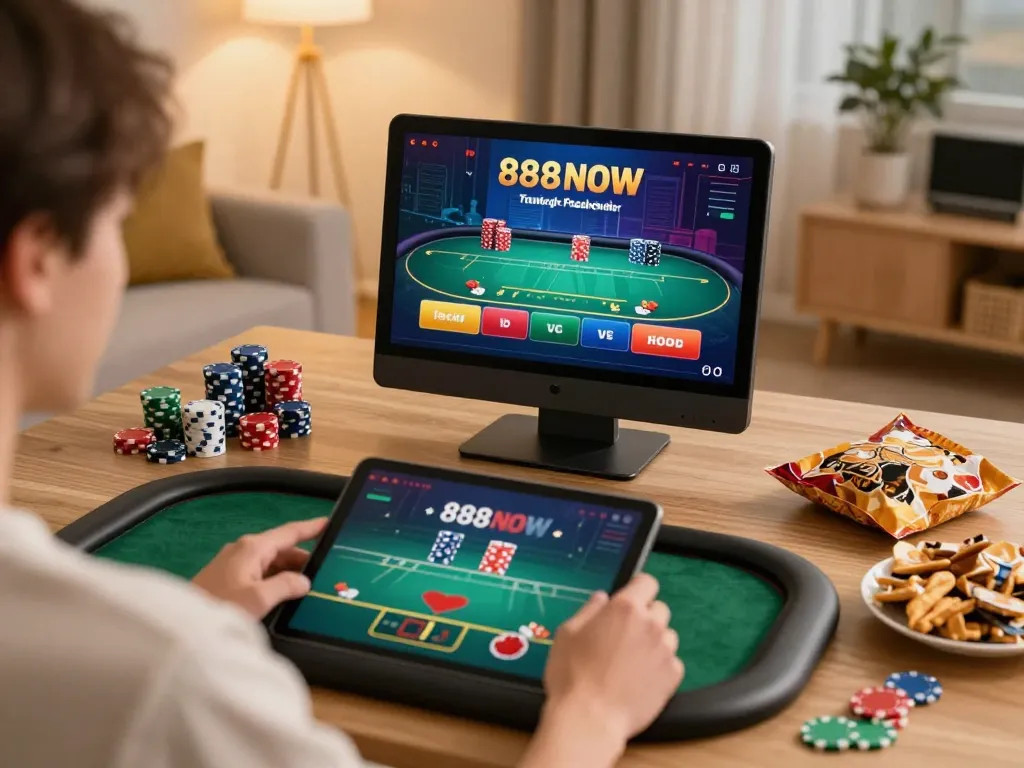 A person enjoying a poker game on 888NOW from home, highlighting an engaging online casino experience.