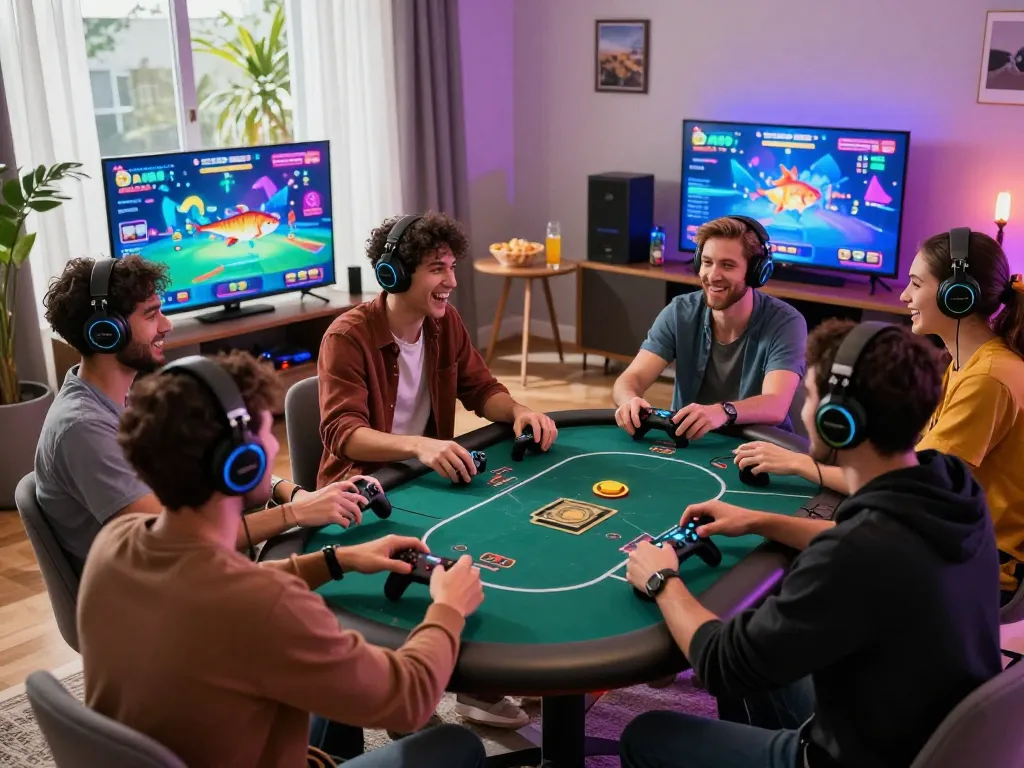 Group enjoying DA88 online gaming experience with vibrant screens and snacks.