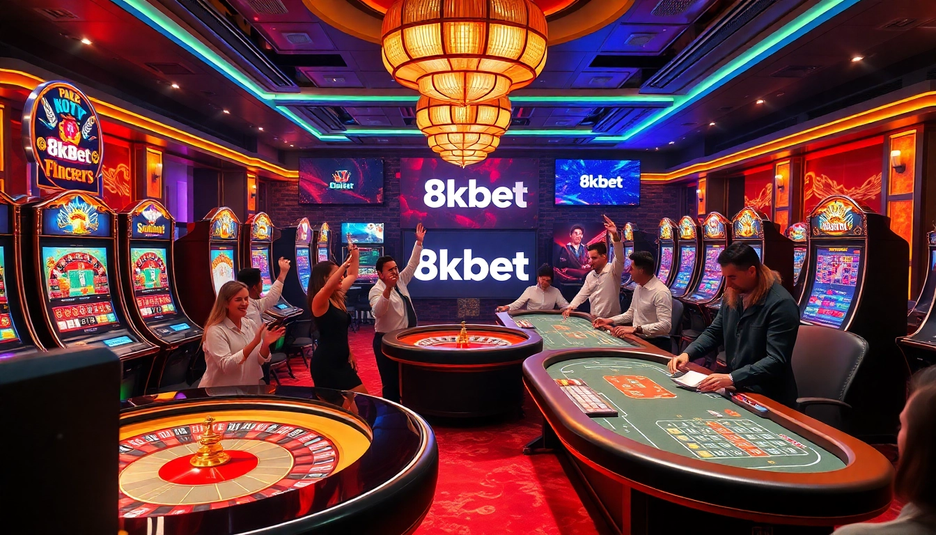Excited players engaging with 8kbet online casino gaming experience featuring tables and slot machines.