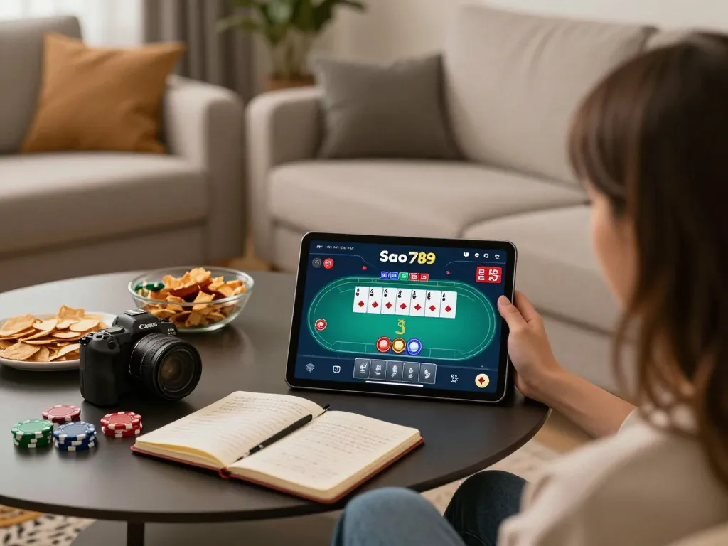 Sao789 poker game in a cozy home, showing player engaged on tablet with chips and strategy notes