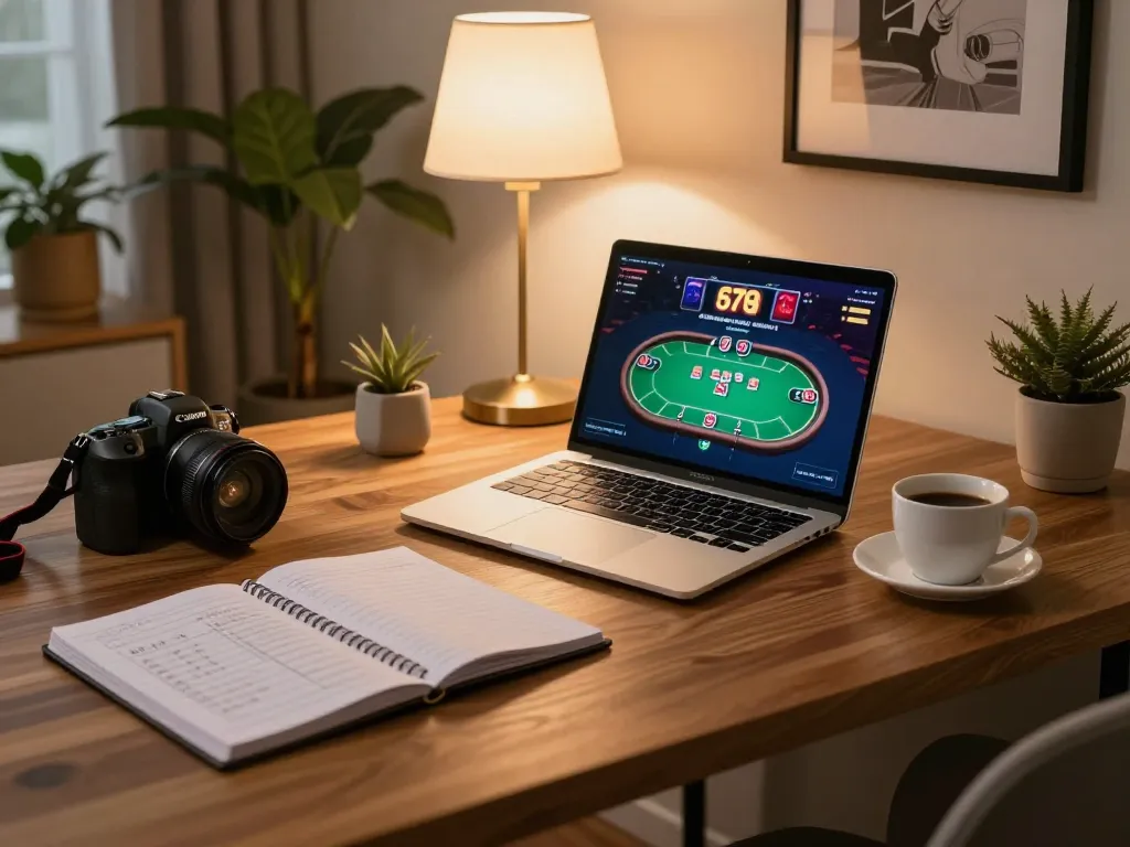 Engaging online gaming session at home showcasing tr88 poker interface and cozy atmosphere.