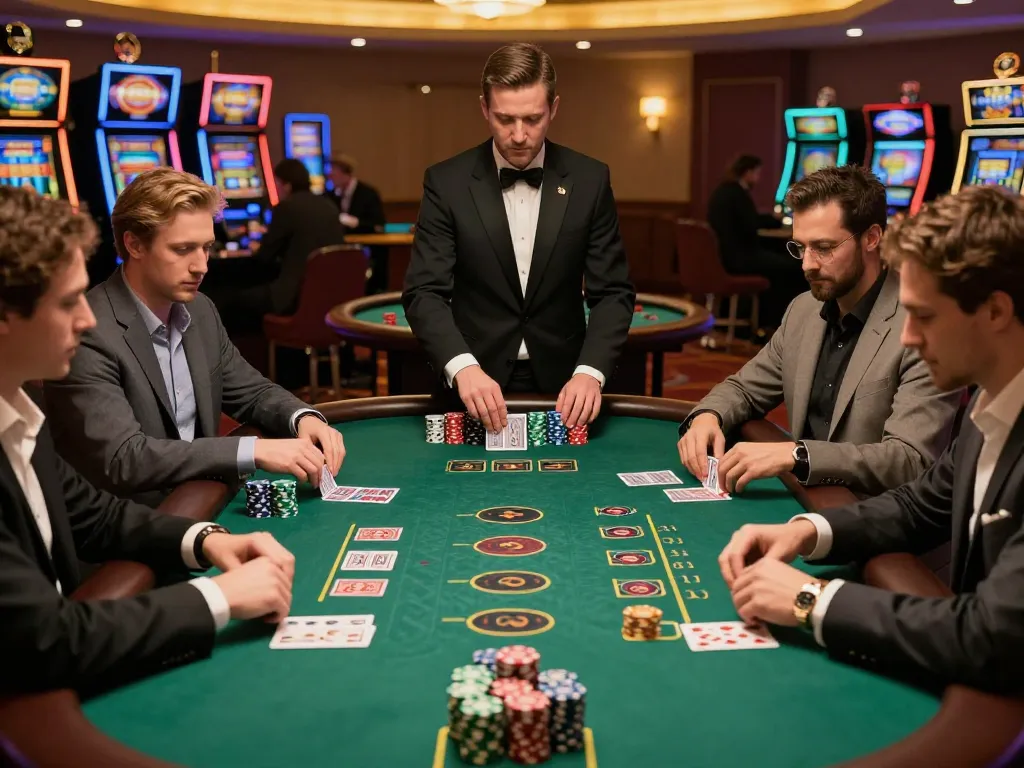 Players at a VA88 blackjack table placing strategic bets and enjoying a lively casino atmosphere