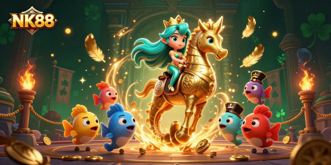 Win at NK88 in a vibrant 3D casino scene with a mermaid and gold coins.