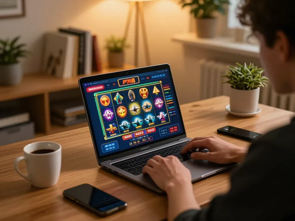 Player enjoying online casino games at F168 on a laptop in a cozy home setting