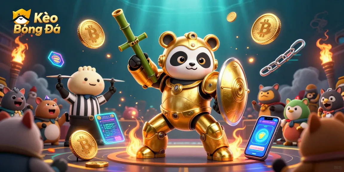 Experience Kèo Bóng Đá action with a golden panda robot in a vibrant gaming arena.