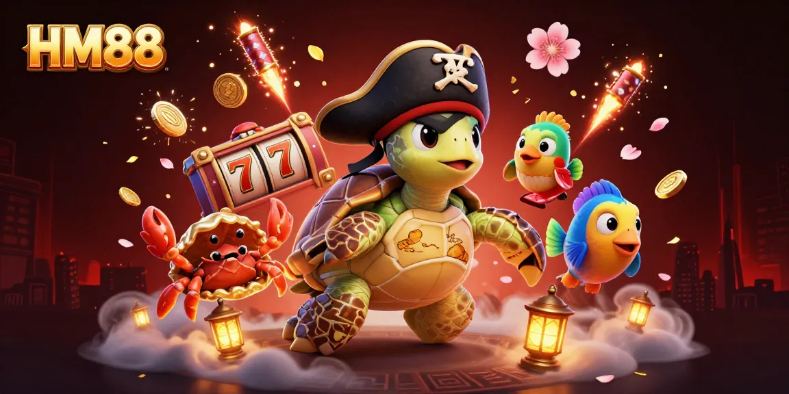 Join the fun at HM88, featuring pirate turtle and friends playing vibrant slots with golden treasures.
