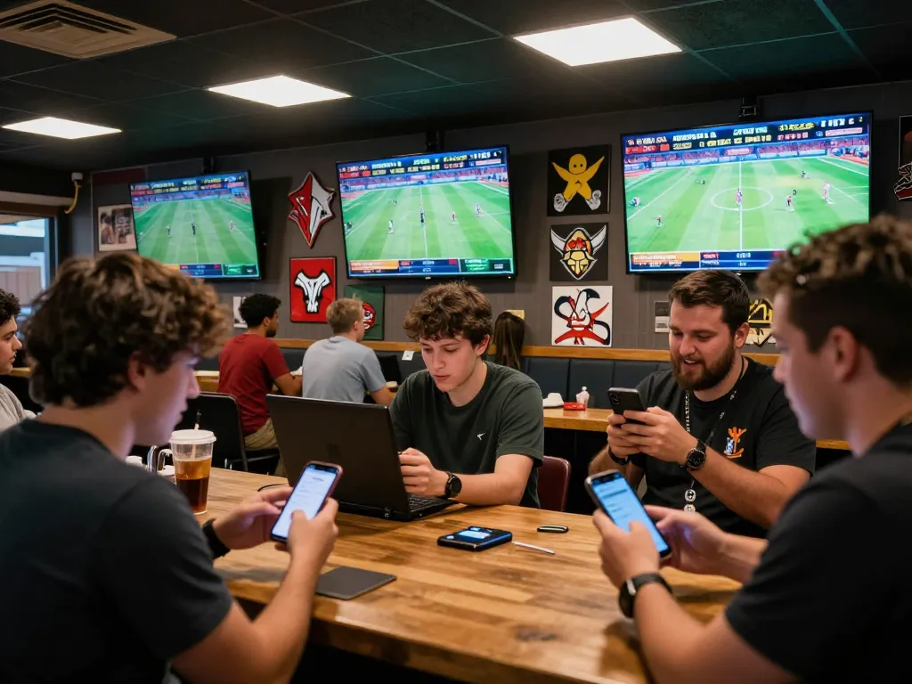 Bsport users actively placing bets in a lively sports betting atmosphere with multiple screens and mobile devices.