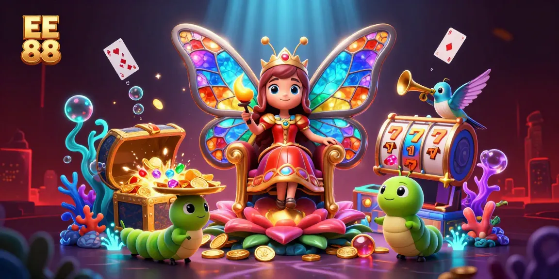 EE 88 showcases vibrant 3D casino characters, including a butterfly queen amid gold coins and slot reels.