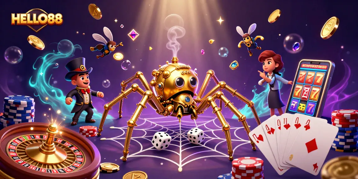 Experience the thrill at HELLO88, where a steampunk spider catches dice in a dynamic casino scene.
