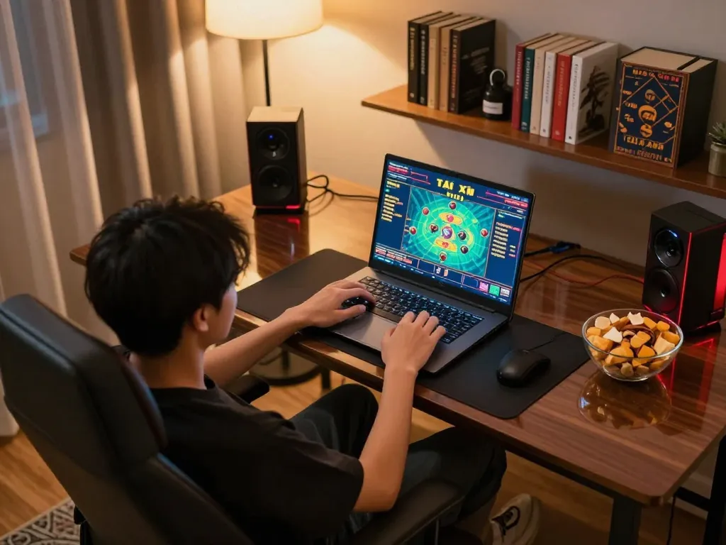 Tài Xỉu Online gaming experience at home with laptop setup, relaxing atmosphere, strategic focus on gameplay taixiuonline8