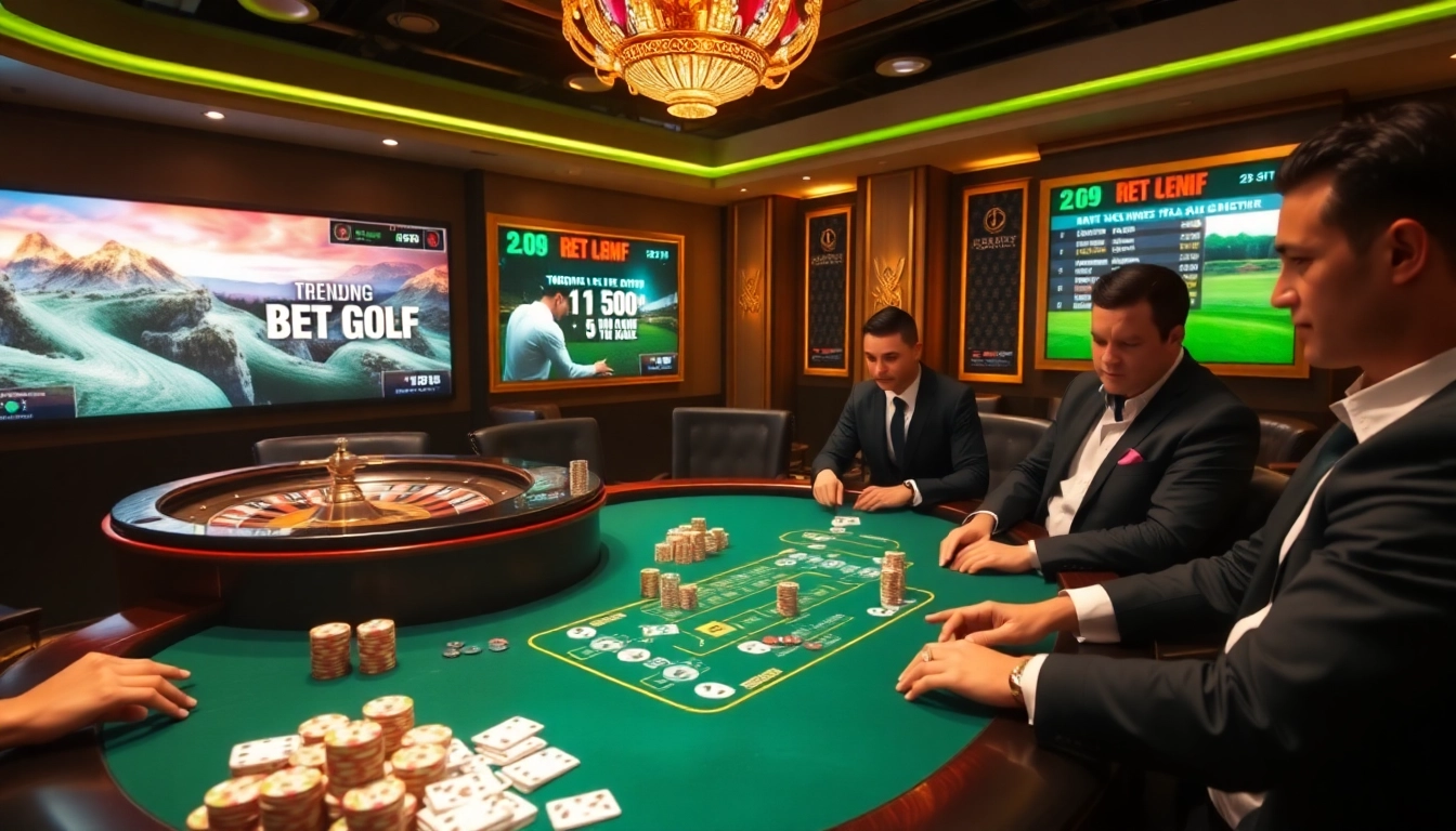 Bet on exciting games at https://mb66.golf/ in a luxurious casino setting with poker and roulette.