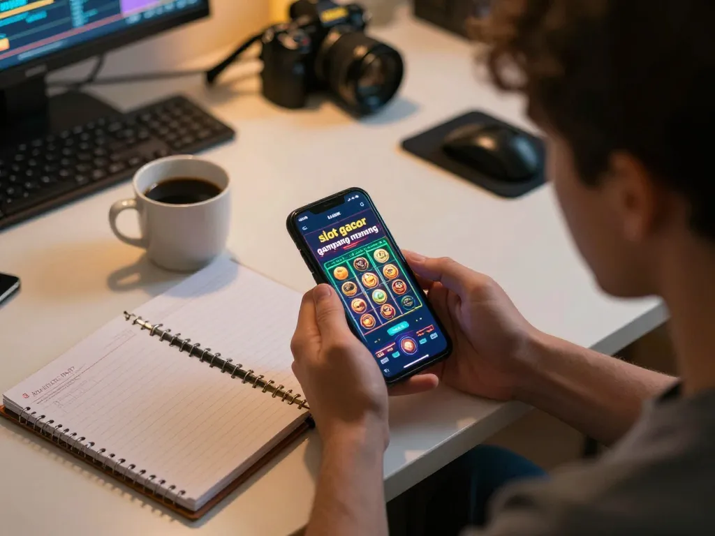Pemain terlibat dengan slot gacor gampang menang di smartphone, menunjukkan permainan online yang strategis
