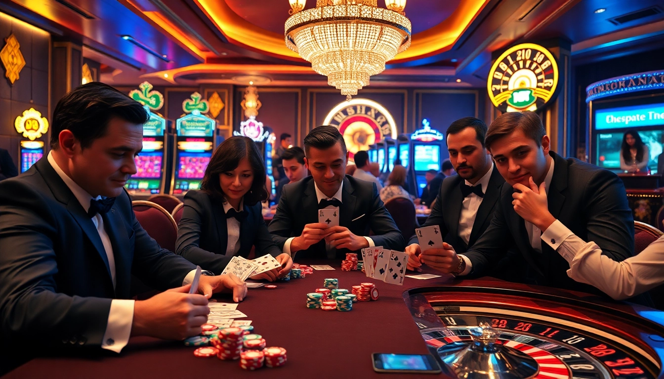 Players strategizing in a high-stakes poker game at 789p, surrounded by luxury casino elements.