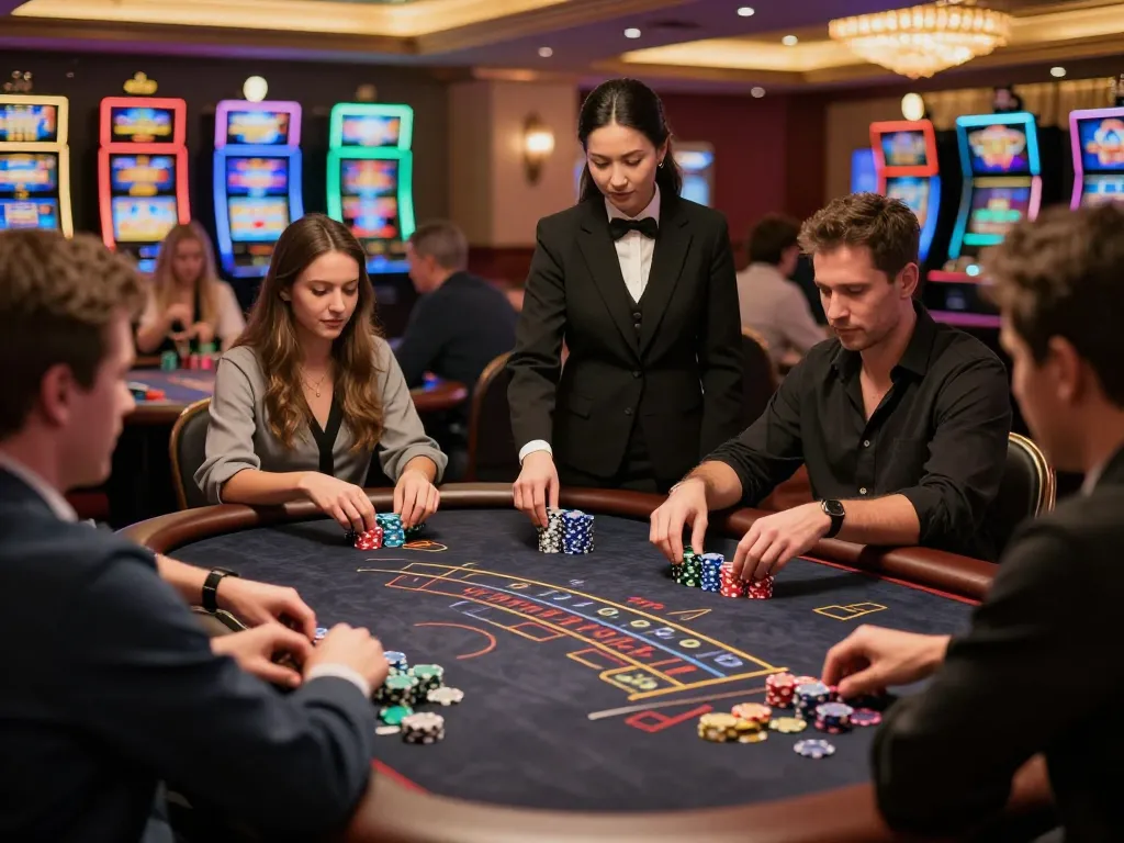 MM88 players strategizing their bets at an exciting blackjack table in a vibrant casino.