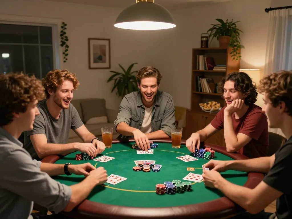 Players engaged in a thrilling poker game at home, showcasing strategies and social interactions while playing go8.