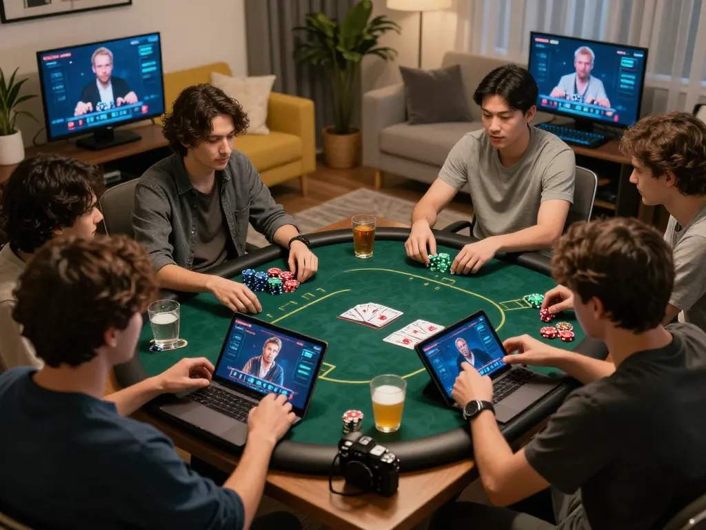 Engaged players strategizing during an online poker session at home, showcasing BL555 gaming experience.