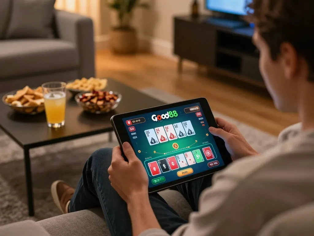 Engaging in online blackjack with Good88 on a cozy tablet setup, showcasing a dynamic gaming atmosphere.