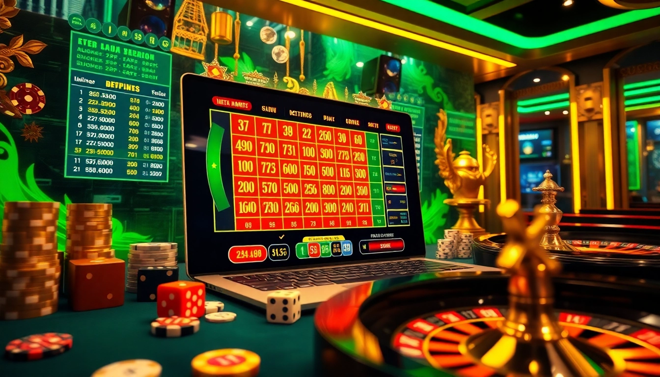 Engaging scene showcasing lô đề uy tín with vibrant casino elements like betting slips and poker chips.