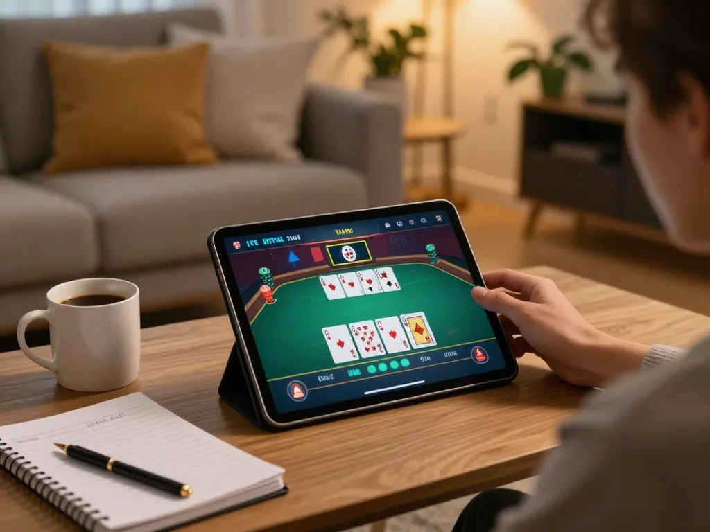 Engaging in online poker gameplay with MM88 on tablet, surrounded by strategic notes and a cozy atmosphere