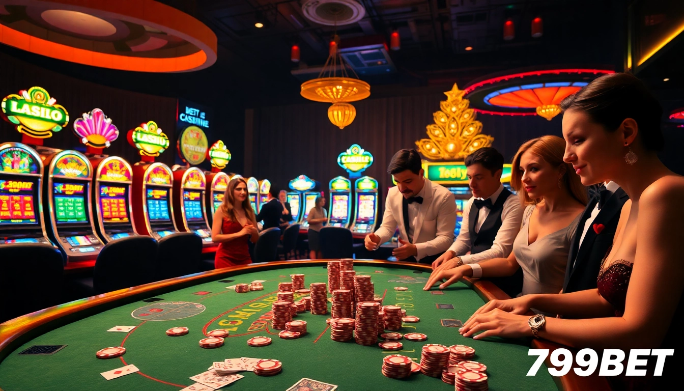 Gambling excitement at a casino table with players engaged in 789BET games, poker chips and cards in focus.