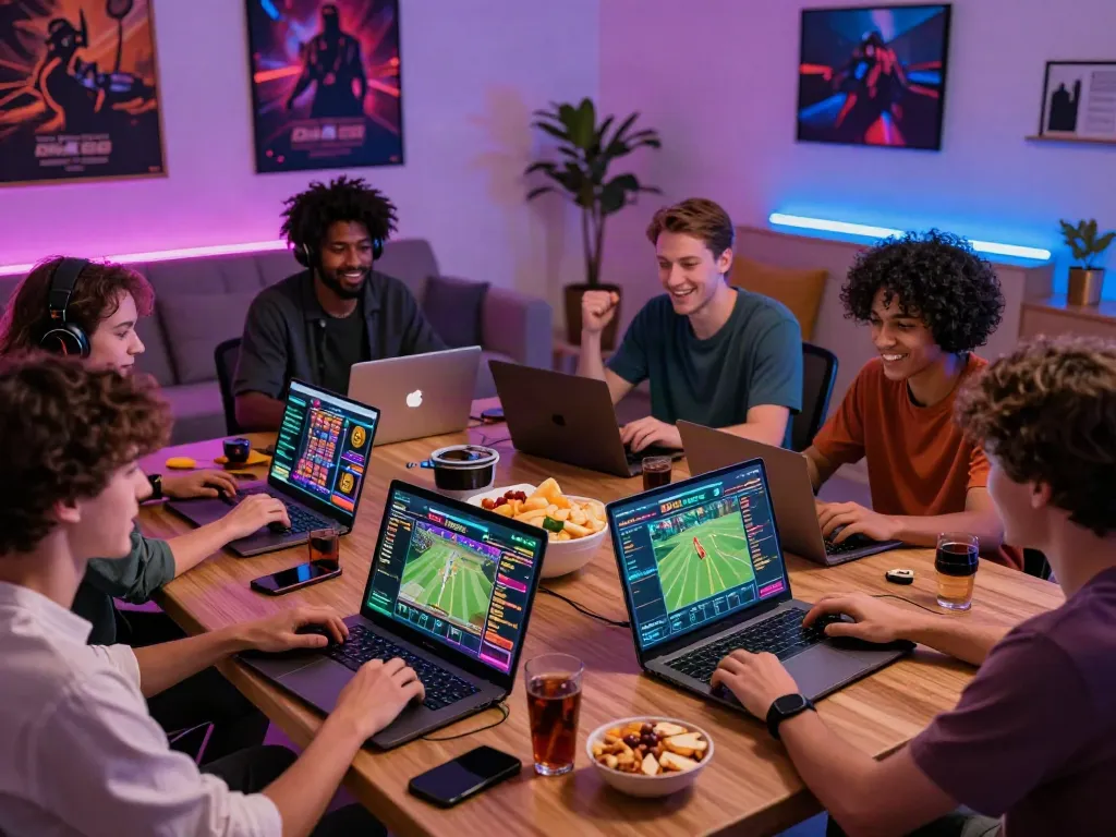 Group of friends enjoying DA88 online gaming in a lively setting.