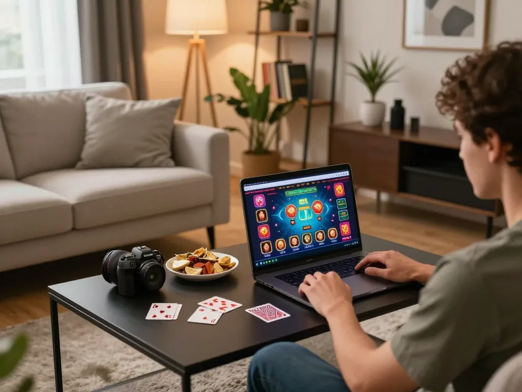 Engaging in online gambling at sx88.com using laptop while surrounded by stylish home decor.