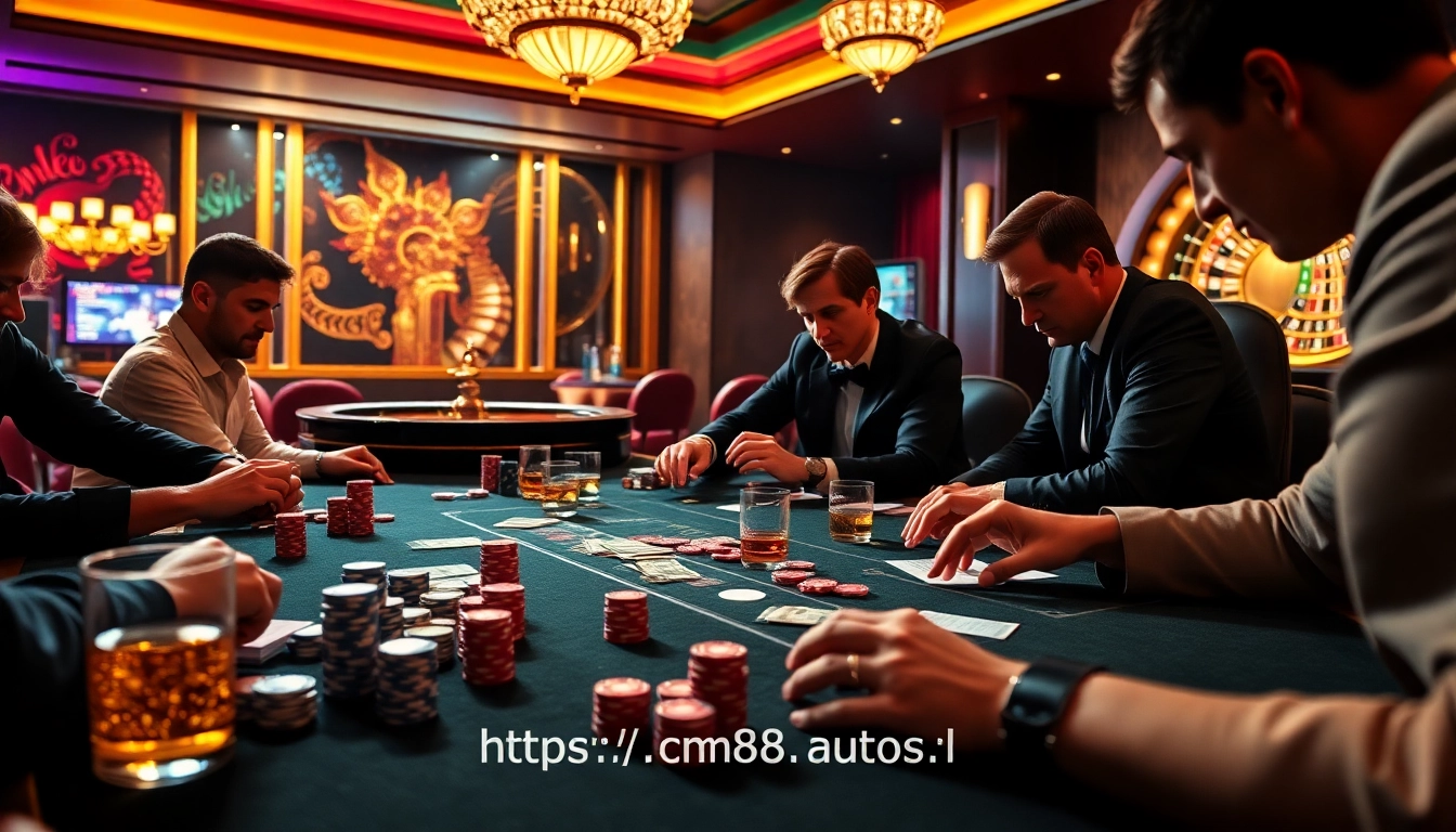 High-stakes poker at a vibrant casino highlighting https://cm88.autos/ with players immersed in the game.