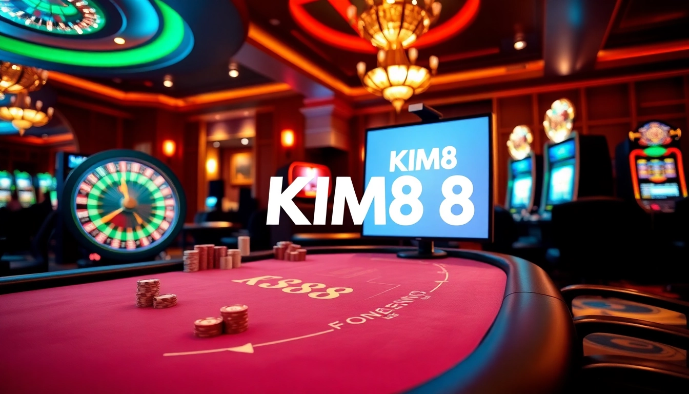 KIM88 logo displayed prominently in a vibrant casino scene featuring blackjack, roulette, and slot machines.