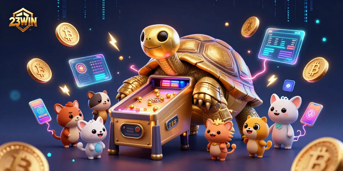 Experience thrilling gaming moments at 23WIN with dynamic illustrations of a golden tortoise pinball machine.