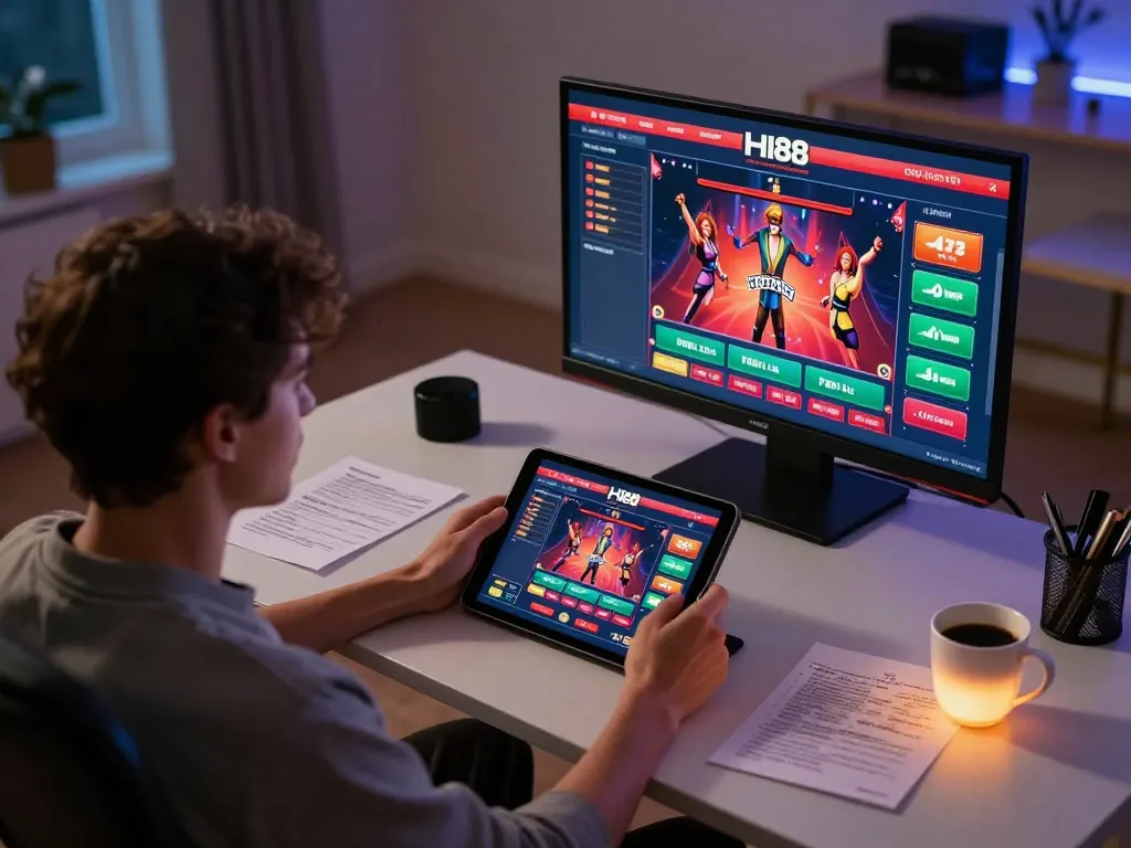 Engaging with HI88 online casino games on a tablet in a cozy home setup.