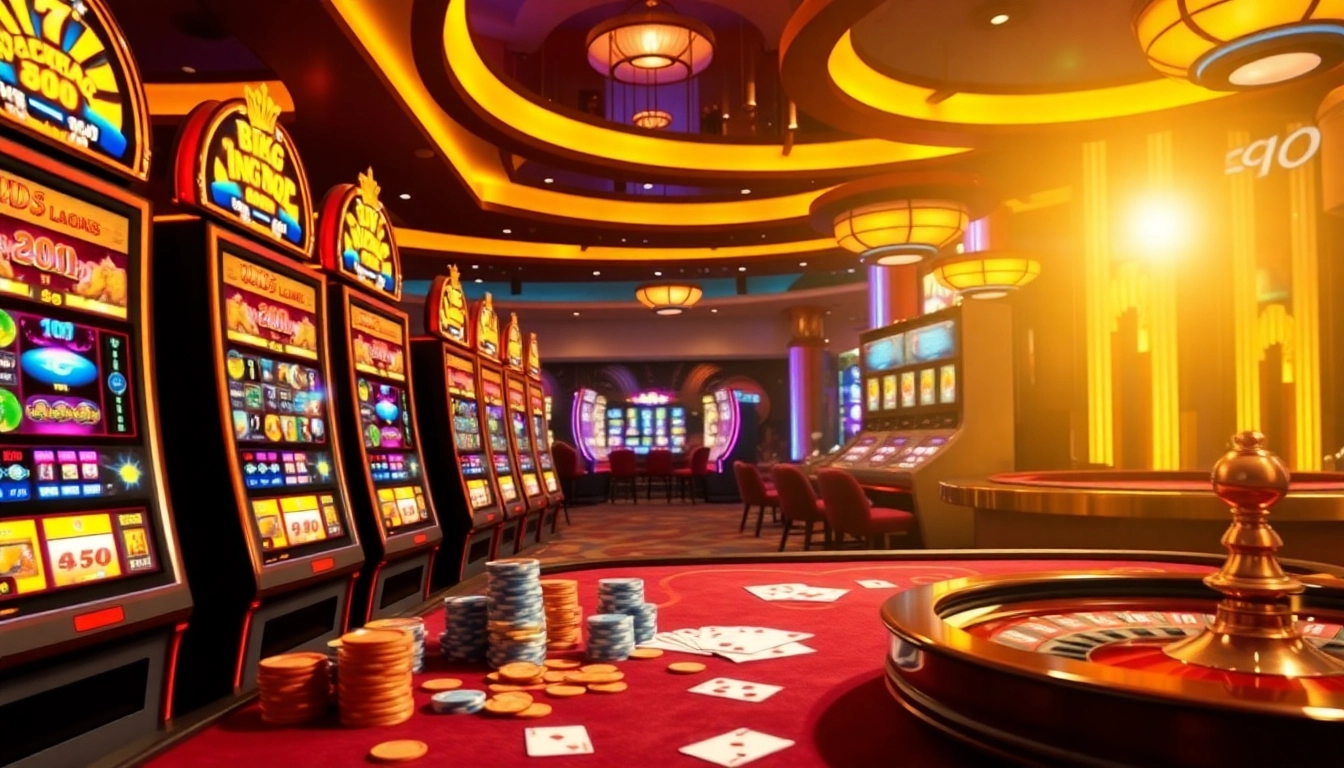 Experience the thrill of nổ hũ 90 with vibrant slot machines and jackpot excitement in a luxurious casino setting.