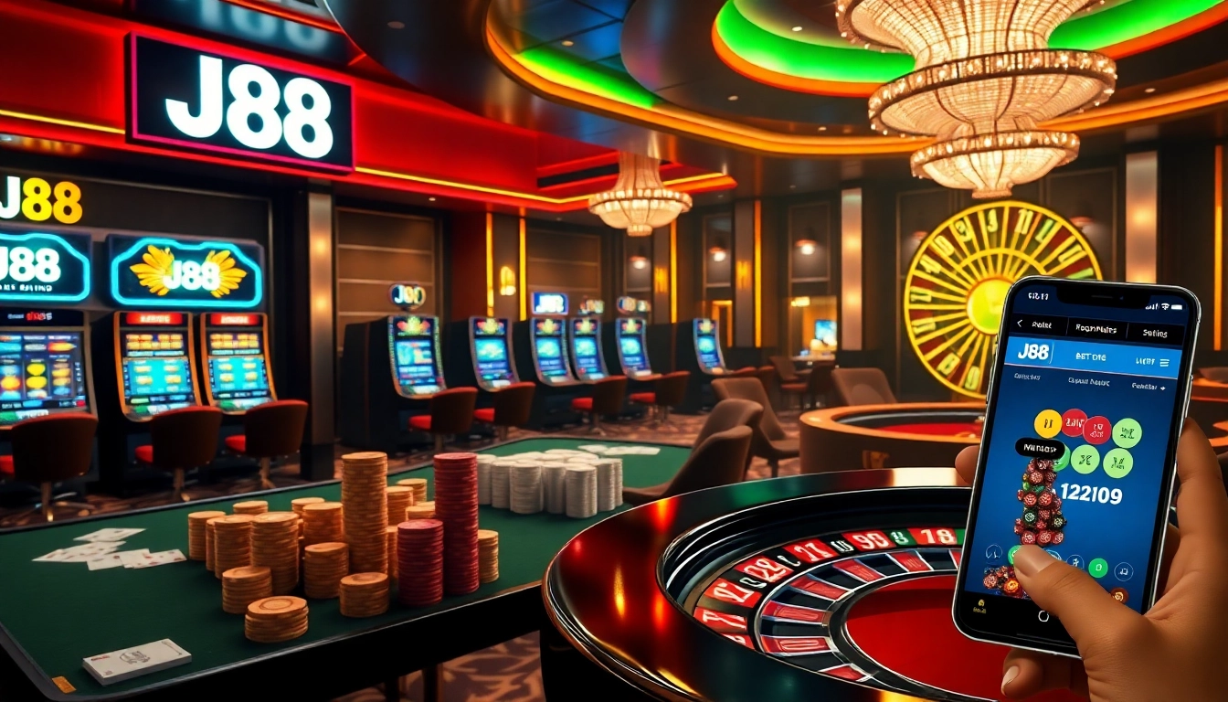 Experience the thrilling ambiance of J88 casino with vibrant slot machines and interactive gaming elements.