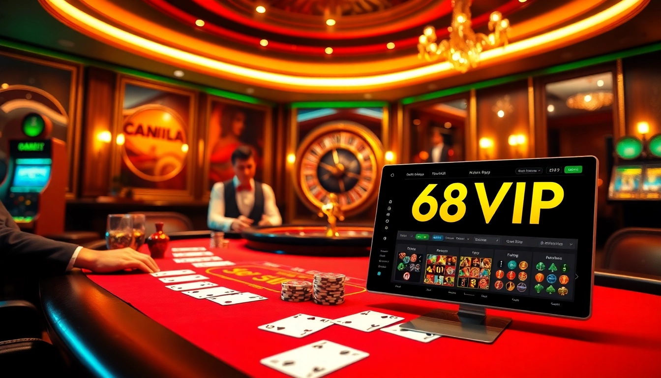 Exciting poker game at 68VIP casino featuring vibrant chips and elegant players.