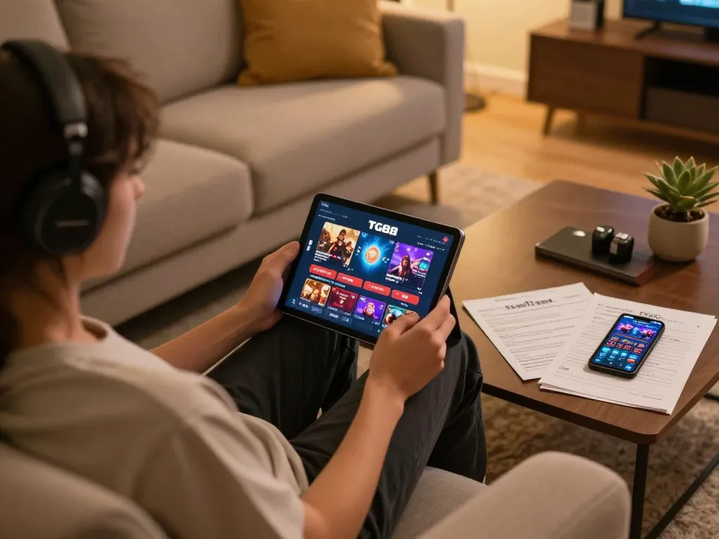 Engaging in online gaming at home with TG88 casino app on a tablet and strategy notes
