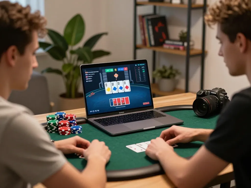 Player focused on online poker game at home using 98win, surrounded by chips and strategy notes