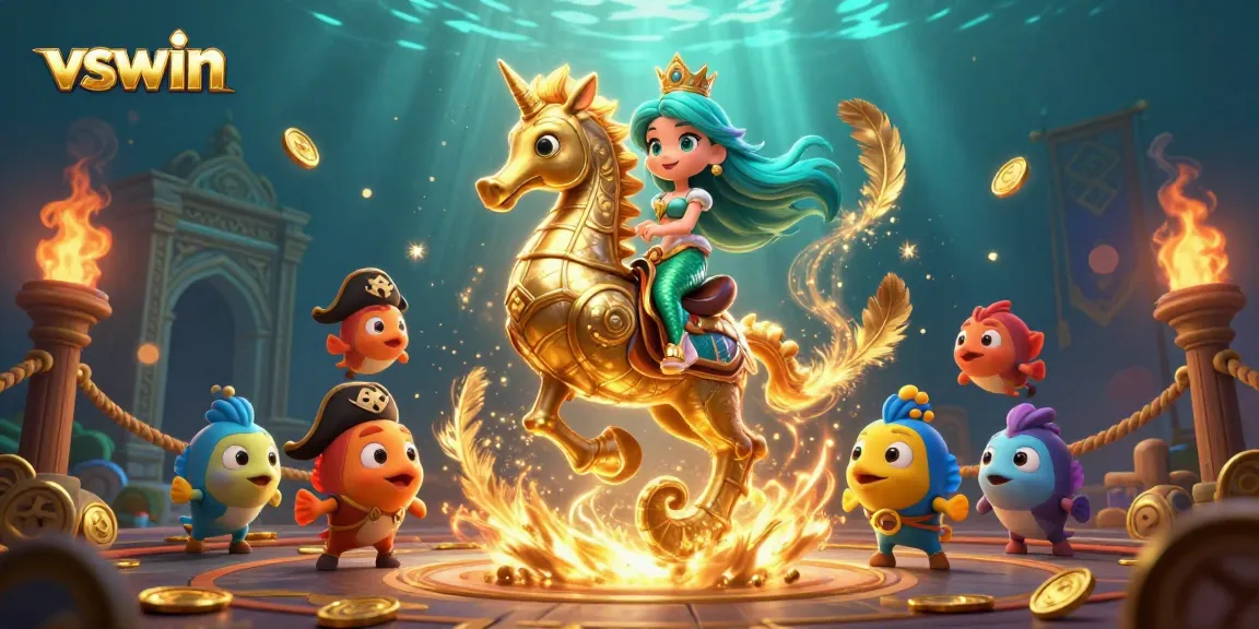Engage with exciting vswin games in a vibrant underwater casino scene featuring a mermaid princess and seahorse.