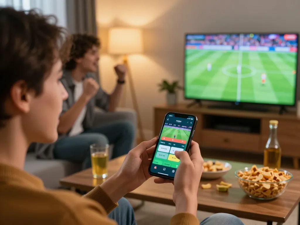 Person enthusiastically using Socolive app for sports betting while watching a live football match.