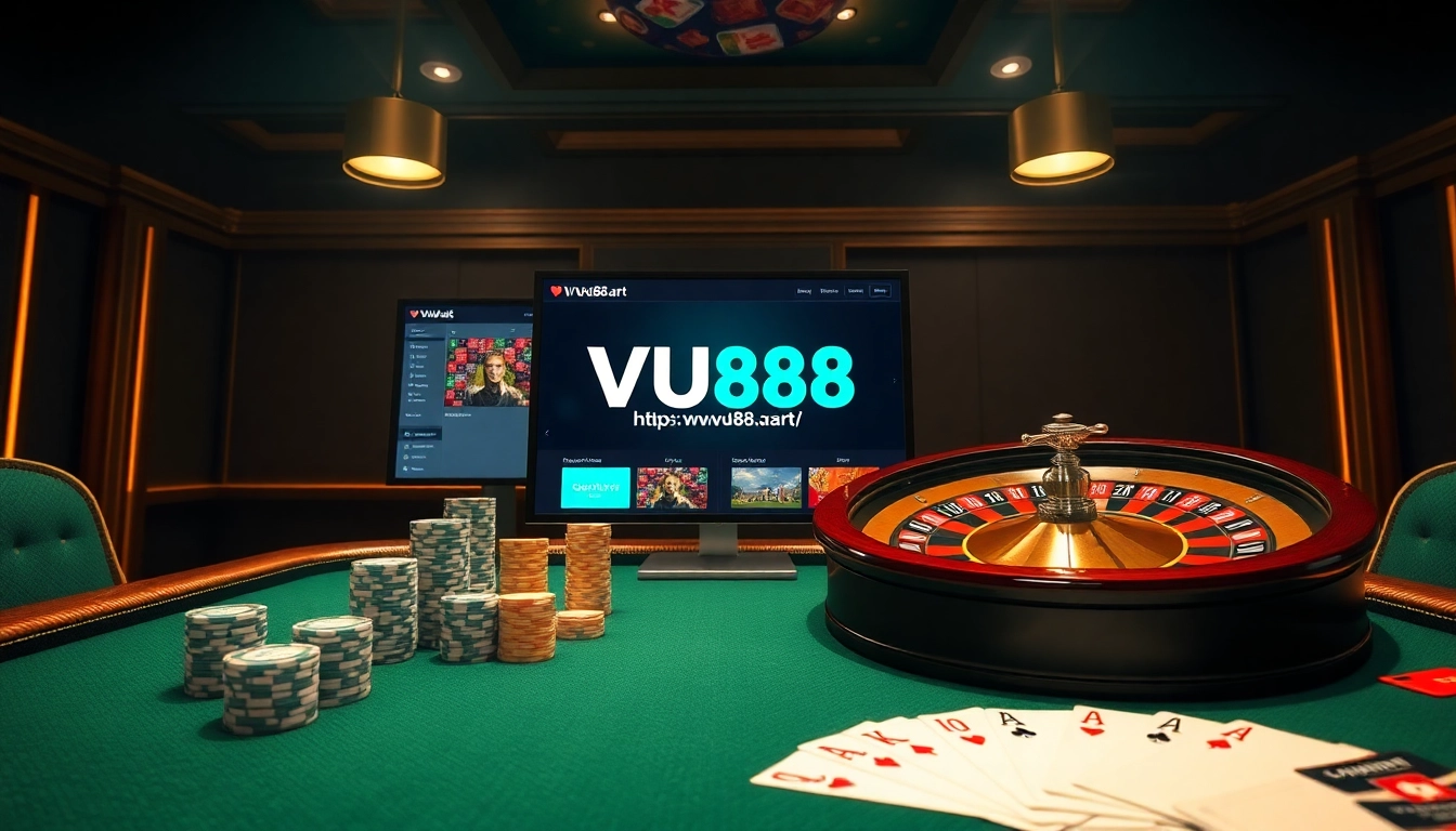 Engage with thrilling gameplay at https://vu88.art/ featuring poker chips, cards, and roulette table.