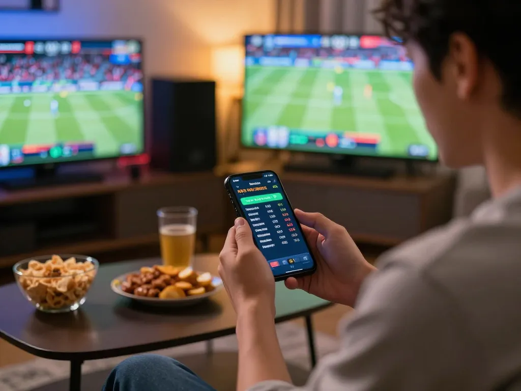 Engaged bettor analyzing kèo nhà cái odds on smartphone during home sports viewing.