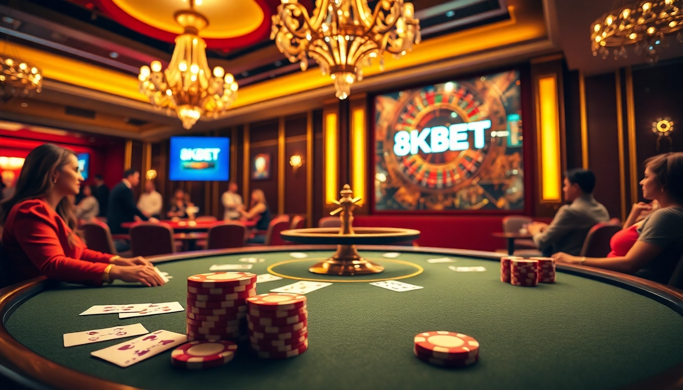 Gambling excitement at an elegant 8KBET casino with poker tables and roulette games.